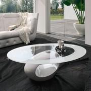 Dubai elliptical coffee table with sculptural white lacquered base and extra white screen-printed glass top, designed for sofa front.