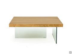 Nouvelle coffee table with knotty oak top and tempered glass legs