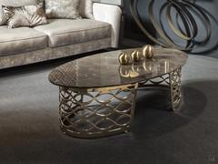 Coffee table with pale gold metal base Isidoro, top made of mystic brown marble