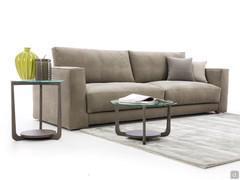 Allen round sofa side table matched to a coffee table in front of the sofa