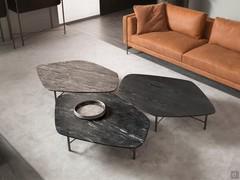 Trio of coffee tables Shanghai with wood and Black Cosmic marble and Titanium Travertine tops