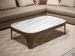 Modì modern coffee table - square top in Matte Cream Gres stone and Stone Bronze structure