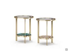 A couple of round Vincent tables with Satin Brass structures and lower levels in Amazonite Extra and Braghi marble