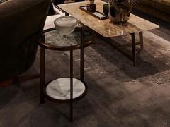 Round Vincent table with the rectangular League coffee table from the same collection