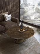 Coffee table Vortex employed sofa front, polished marble round top in Emperador variant