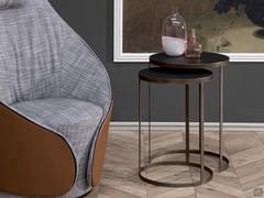 Hammer metal end table with round wooden top, perfect for positioning beside the sofa