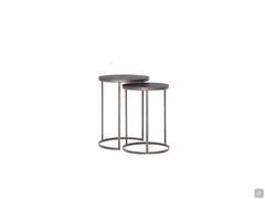 A pair of Hammer end tables: this unique design allows you to overlap the two tables sightly to save space