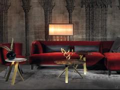 A composition of multiple Lionel coffee tables with the Goya sofa and the Petra armchair