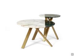 Lionel coffee tables with two-tone marble top and 3 metal legs in the Satin Brass finish