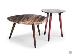 Clarence coffee table with three leather legs and shaped top