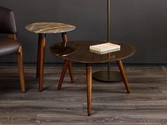 Pair of side tables Clarence with Light Brow Oak wood legs and Port Laurent marble top and Bronze Golden Mesh glass