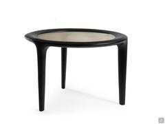 Beckett round coffee table in the cm Ø60 h.40 model in Black Oak wood veneer and Smoky golden-mesh glass top.