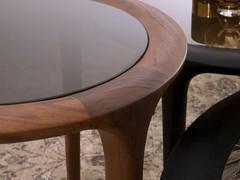 Detail of Beckett coffee table in walnut with Golden Mesh Smoky glass top