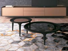 Pair of Beckett round coffee tables with solid oak frame, sofa-facing position