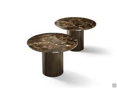 Pair of Hidalgo coffee tables with cylindrical bases and marble tabletops in the Emperador finish. Monochrome metal bases in the Bronze finish.