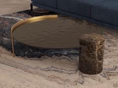 Piece two-tone coffee table, an elegant blend of different materials such as glass, metal and stone