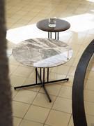 Pair of Graphic coffee tables with tubular metal frame and marble or solid wood top with bevelled profile