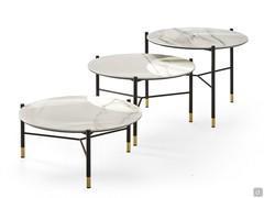 Dawson round ceramic coffee table set with contrasting black painted metal frame with gold feet