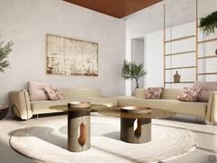 Living room furnished with Bullet side tables in both sizes, with two-tone paint contrasting the inside and outside of the frame