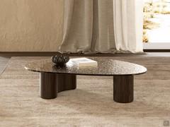 Lotus sofa front coffee table with solid Moka ash wood base and smoked fired glass top