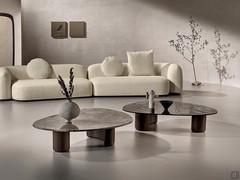 Pair of Lotus coffee tables with solid walnut legs and marble or fired glass top