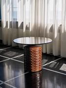 Coffee table Hishi with chocolate-colored glazed ceramic base and round bronzed glass top