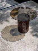 Coffee table Hishi with round bronzed glass top and chocolate-colored glazed ceramic base