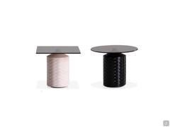 Hishi coffee tables h.47 cm with square or round top and ceramic base in quartz pink and black