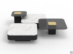 Token coffee tables in Carrara white marble and smoked clear glass with brass insert