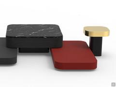 Overview of some of the models of the Token coffee tables available: with marble top, low and lacquered in a RAL colour, mushroom shaped end table in polished brass