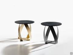 Round coffee tables with woven Bon Bon base, with black Marquinia marble top and gold and aval bases.