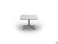 Coffee table Cursus with 60 x 60 cm square glossy blanc de blanc ceramic top and thin champagne-painted metal base