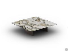 Eze low coffee table with a square glossy golden beauty ceramic top and bronze painted metal base