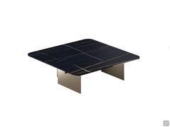 Low coffee table for living room Eze, ideal placed facing the sofa, offered here with sahara noir matte ceramic top and champagne metal base