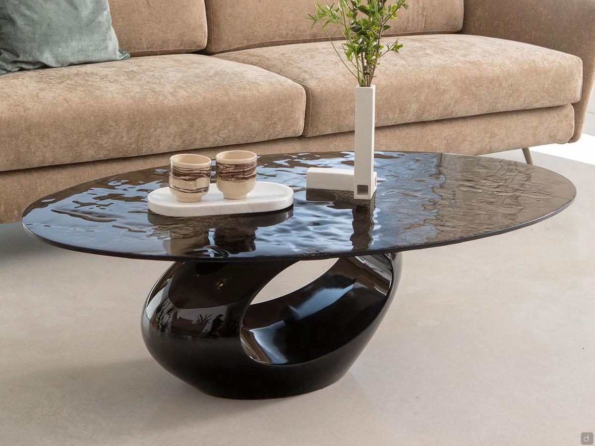 Dubai elliptical coffee table with sculptural aluminium lacquered base and hammered effect fused smoked glass top