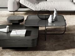 Token Steel black metal coffee table with transparent smoked glass top, combined with two Token wooden coffee tables