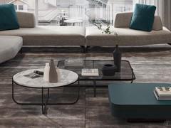 Token Steel coffee tables in clear smoked glass and white Carrara marble, matched with the matte lacquered Token coffee table