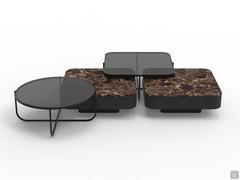 Token Steel coffee tables with smoked glass top combined with Token coffee tables with stained oak frame and Emperador marble top