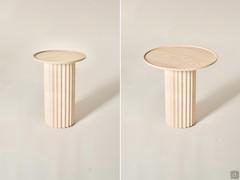 Shinden natural ash column side tables in the two versions with 55-cm high base: left with 40-cm top and right with 55-cm top