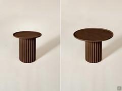 Shinden side tables in brown-stained ash in the two versions with low 40-cm base: left with 40-cm top and right with 55-cm top