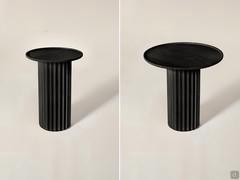 Shinden pedestal side tables in black-stained ash in the two versions with 55-cm high base: left with 40-cm top and right with 55-cm top