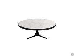 The coffee table with Blanc De Blanc polished ceramic top and black painted metal base.