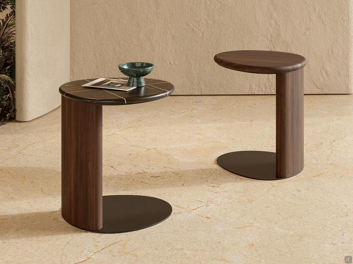 Ibisco sofa side tables with solid wood frame and burnished metal base; top in fired glass, marble or ceramic (wood not available)