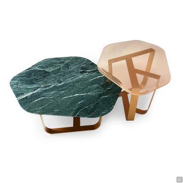 Gravel coffee table with irregularly-shaped hexagonal top in glass or marble