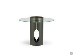 Bullet high side table with Samoa Green painted metal frame and round transparent glass top