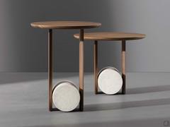 Element round coffee table by Bonaldo in Canaletto walnut with travertine-effect cement cylinder