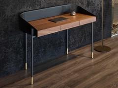 Modern Ledor writing desk with canaletto walnut frame, leather perimeter and undertop front drawer