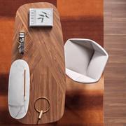 Top view of Bonaldo's Gauss writing desk with main worktop in Canaletto walnut wood and 70 cm ceramic shelf