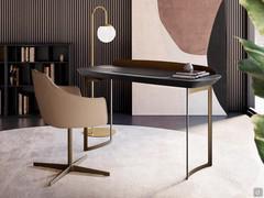 Bristol is a modern minimalist-style desk with a flared wooden top and curved frame legs in painted metal