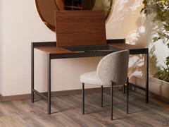 Horus desk with the storage compartment opened: natural walnut wood desk top and metal structure painted in moka shine